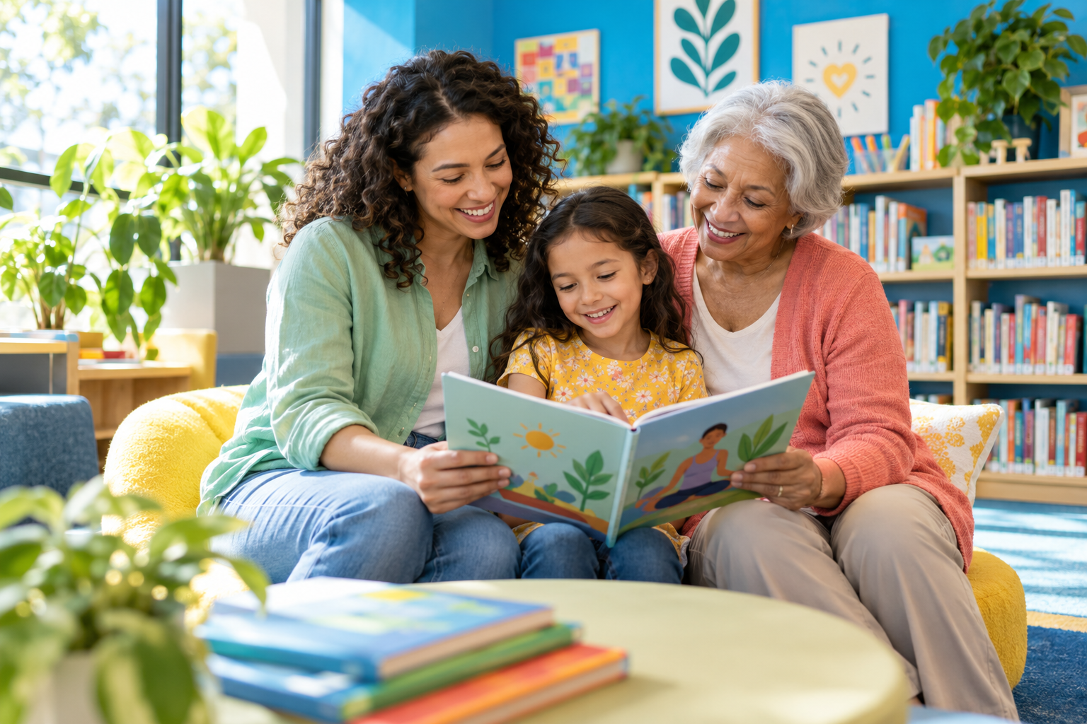 A multigenerational family learning together in a bright community library