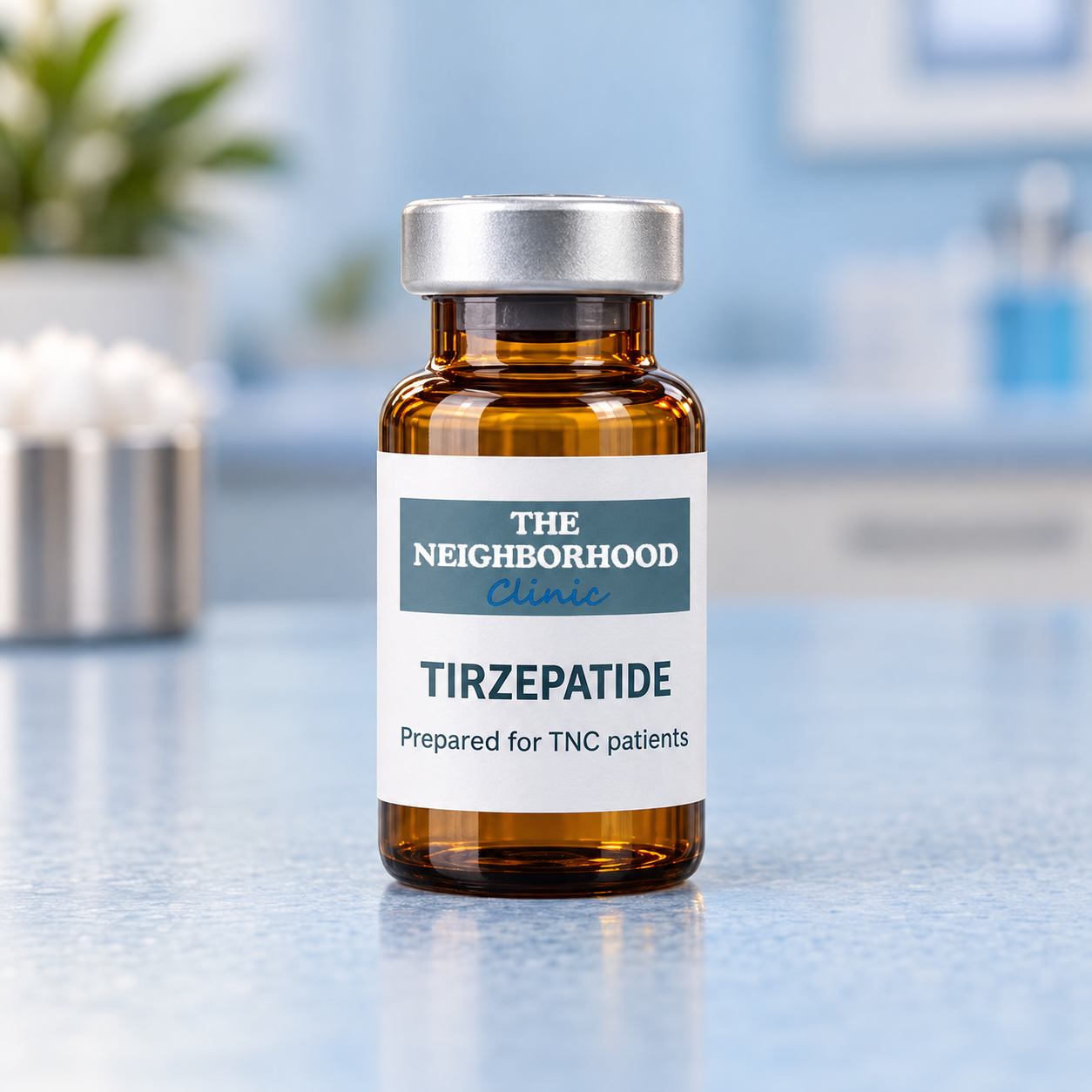 TNC-branded tirzepatide medication vial on a bright clinic countertop