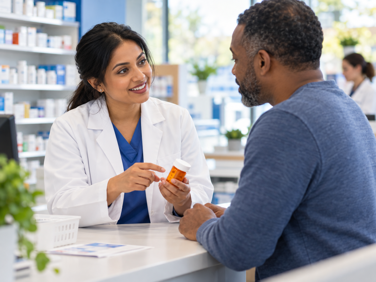 A pharmacist discussing medication instructions with a patient