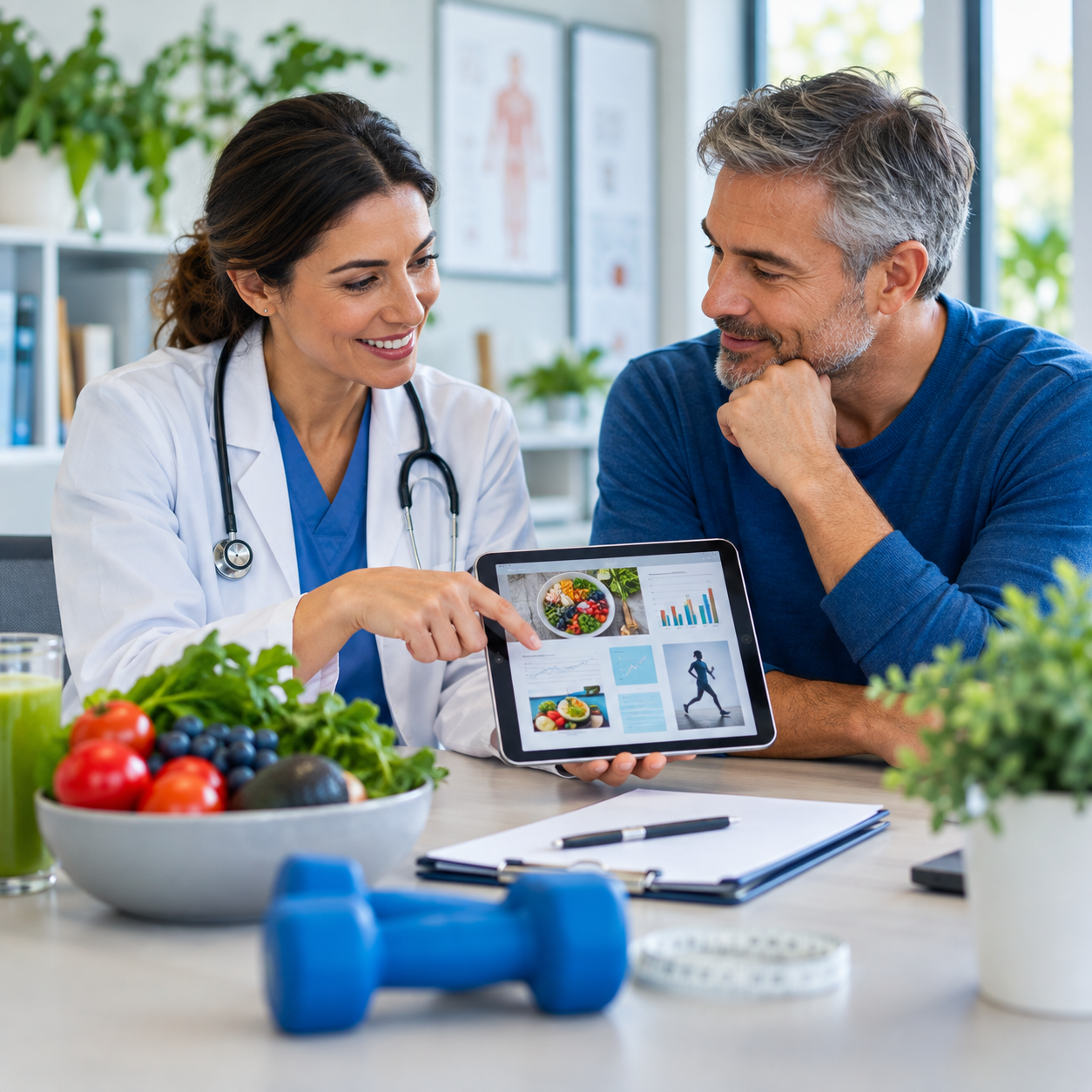 A patient and provider discussing nutrition, movement, and personal wellness goals